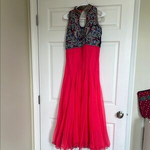 Elegant Pink and Blue Embroidered Dress
